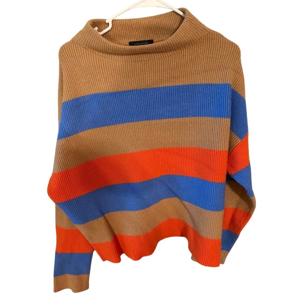 Ann‎ Taylor Striped Ribbed Mock Neck Sweater Camel Blue Orange Colorblock Large